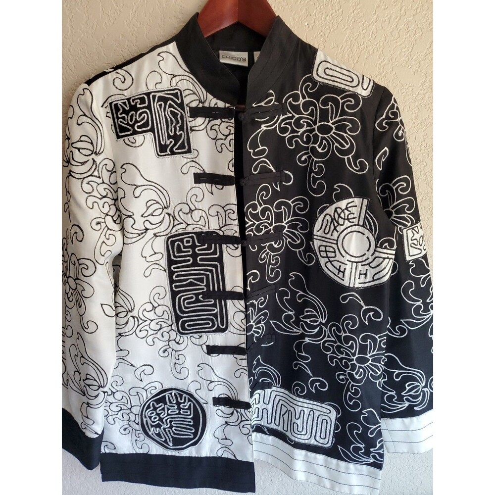 Chicos Silk Jacket 0 Embroidered Asian Mandarin Collar Artsy Monochrome Size 4